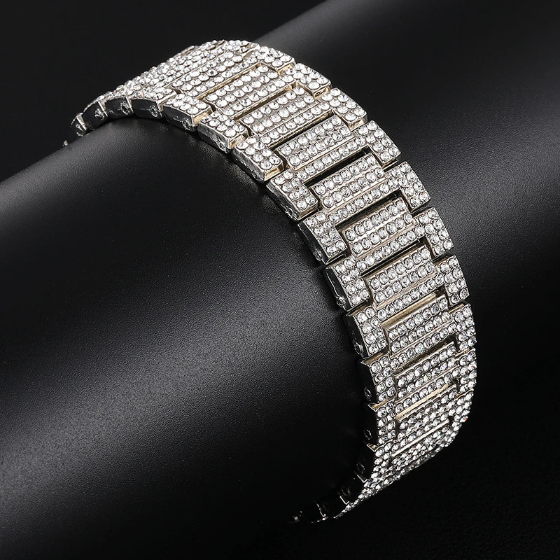 Хип-хоп Полный Стразы Iced Out Bling цвета: золотистый, серебристый ремешок для часов звено цепи браслеты для мужчин рэппер ювелирные изделия