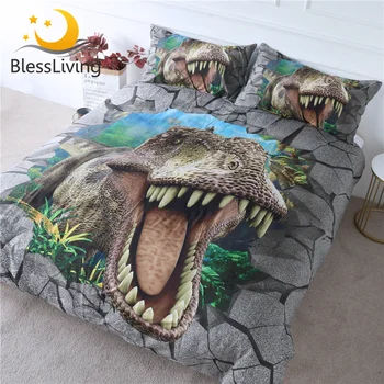 BlessLiving Dinosaur Bedding Set 3D Scary Animal Bedspreads for Teen Boys Cracked Bricks Bed Set Tyrannosaurus Teeth Duvet Cover 1