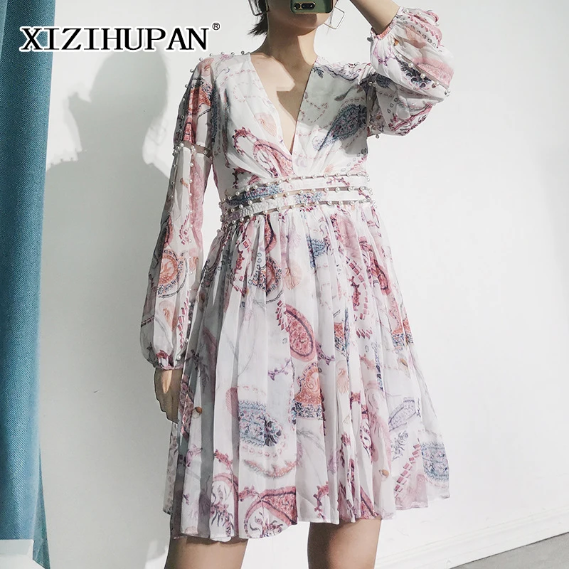 

Элегантное лоскутное платье XIZIHUPAN с жемчугом для женщин, мини-платья с V-образным вырезом, длинным рукавом-фонариком и высокой талией, женски...