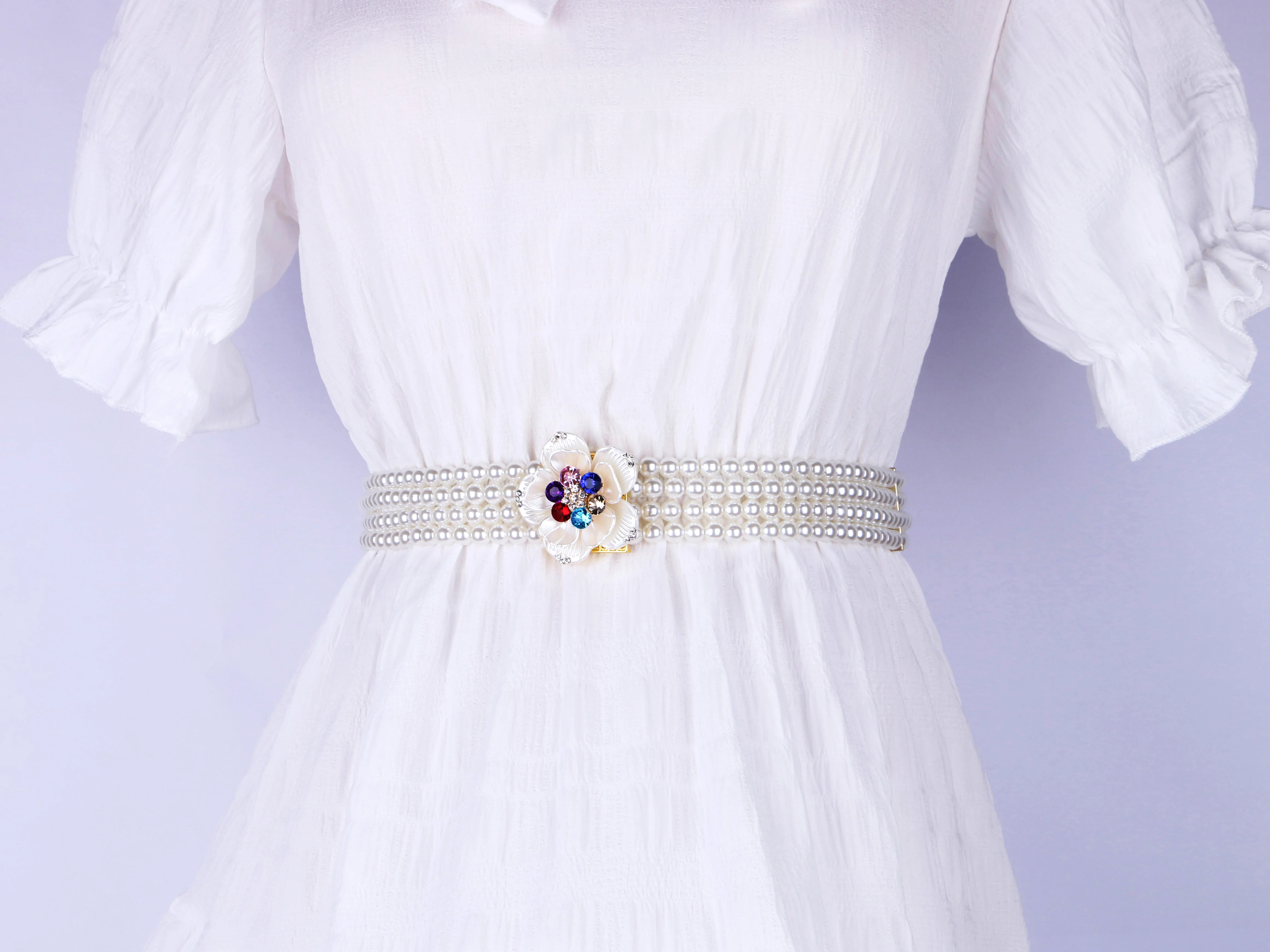 

Belt for lady Women pearl Waist Elastic band braided colorful Rhinestone flower gold buckel white beads Weave female Accessories