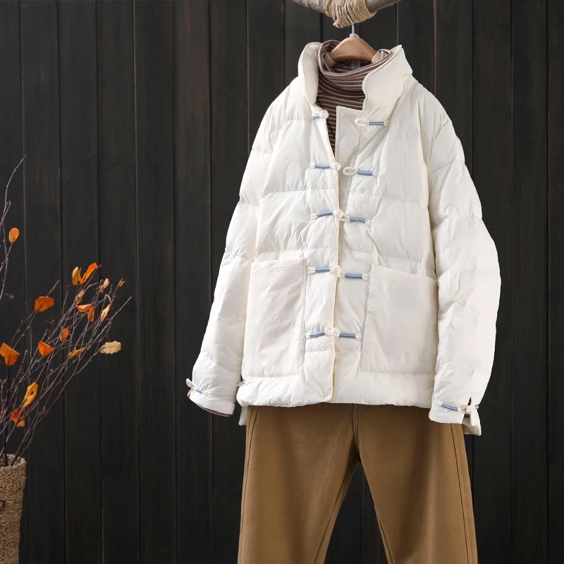 

Женский короткий пуховик на пуговицах, винтажный теплый пуховик с воротником-стойкой, пуховик на 90% белом утином пуху, женская зимняя верхня...