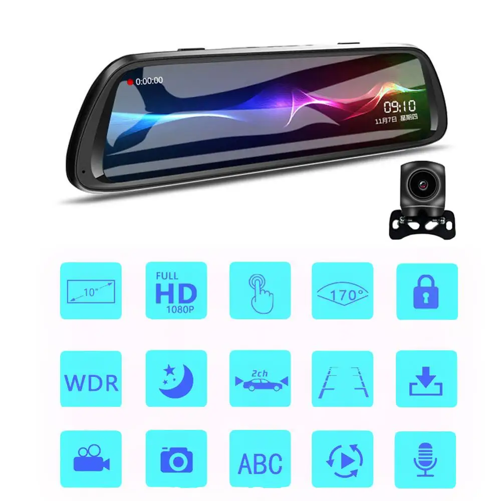 Зеркало-видеорегистратор автомобильный с сенсорным экраном 10 дюймов 1080P двойным