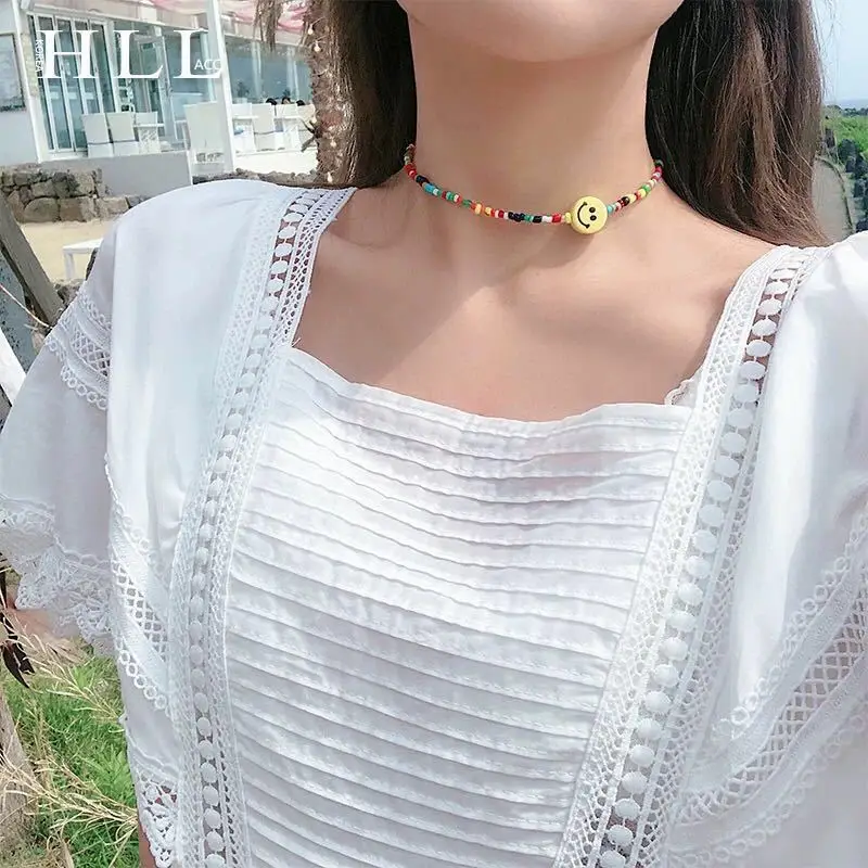 Boho, Радужный цвет, бусы, смайлик, колье, ожерелья для женщин, цветная цепочка из бисера, массивное ожерелье, ювелирное изделие, воротник, подарок