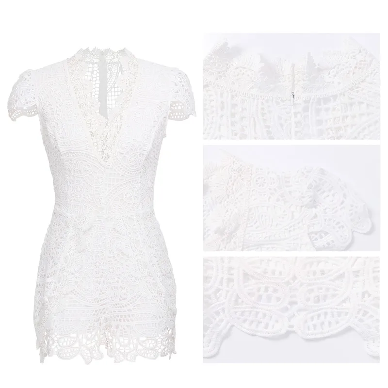 Женские комбинезоны с коротким рукавом кружевные однотонные v образным вырезом