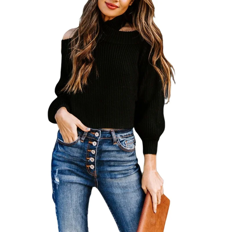 

Women Halter Long Sleeve Sweaters Solid Color Strapless Short Pullover Slim Leisure Pullovers Autumn New