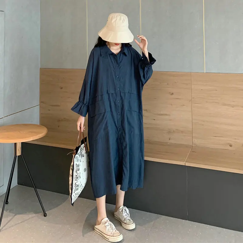 

Autumn Spring Oversized Shirtdress Woman Yellow Dark Blue Turn Down Collar Petal Sleeve Drop Shoulder Long Dresses Woman Clothes