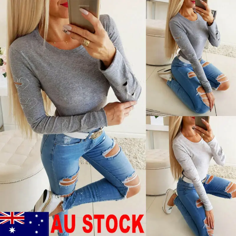 

Hot Sale Long Sleeve T Shirt Women Autumn O Neck Pullover Solid Color Heart Sleeve Top Casual Female T Shirts Clothes Tops 2019