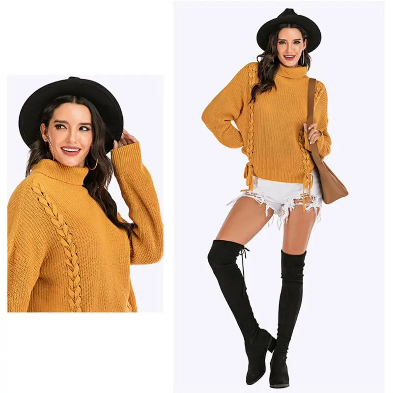 

Womens Winter Long Sleeve Pullover Sweaters Turtleneck Solid Color Loose Tops Criss-Cross Lace-Up Bandage Jumper Shirts Streetwe