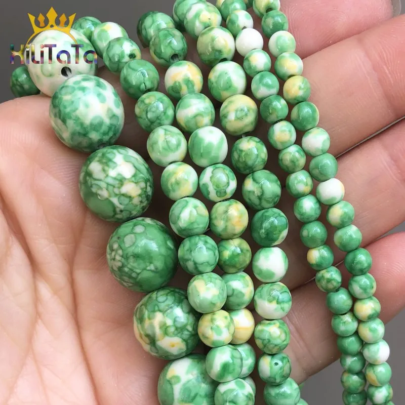 Круглые бусины зеленого желтого цветов с натуральным камнем для