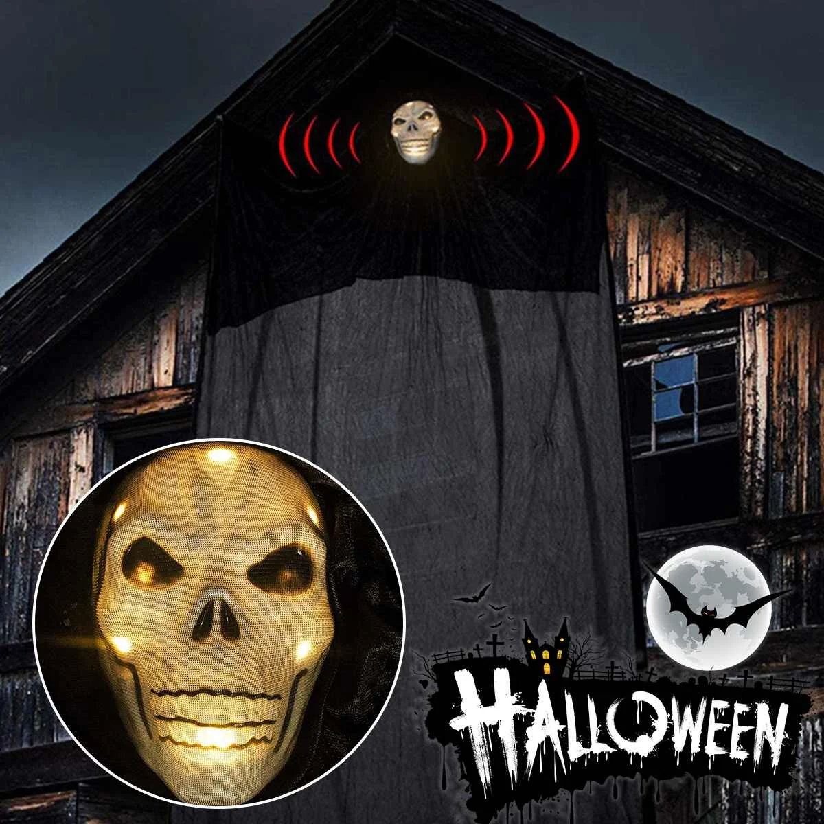 

Новинка, наружная черная страшная маска в виде черепа, Хэллоуин, призрак, подвесной светодиодный светильник, Марля с звуковыми эффектами