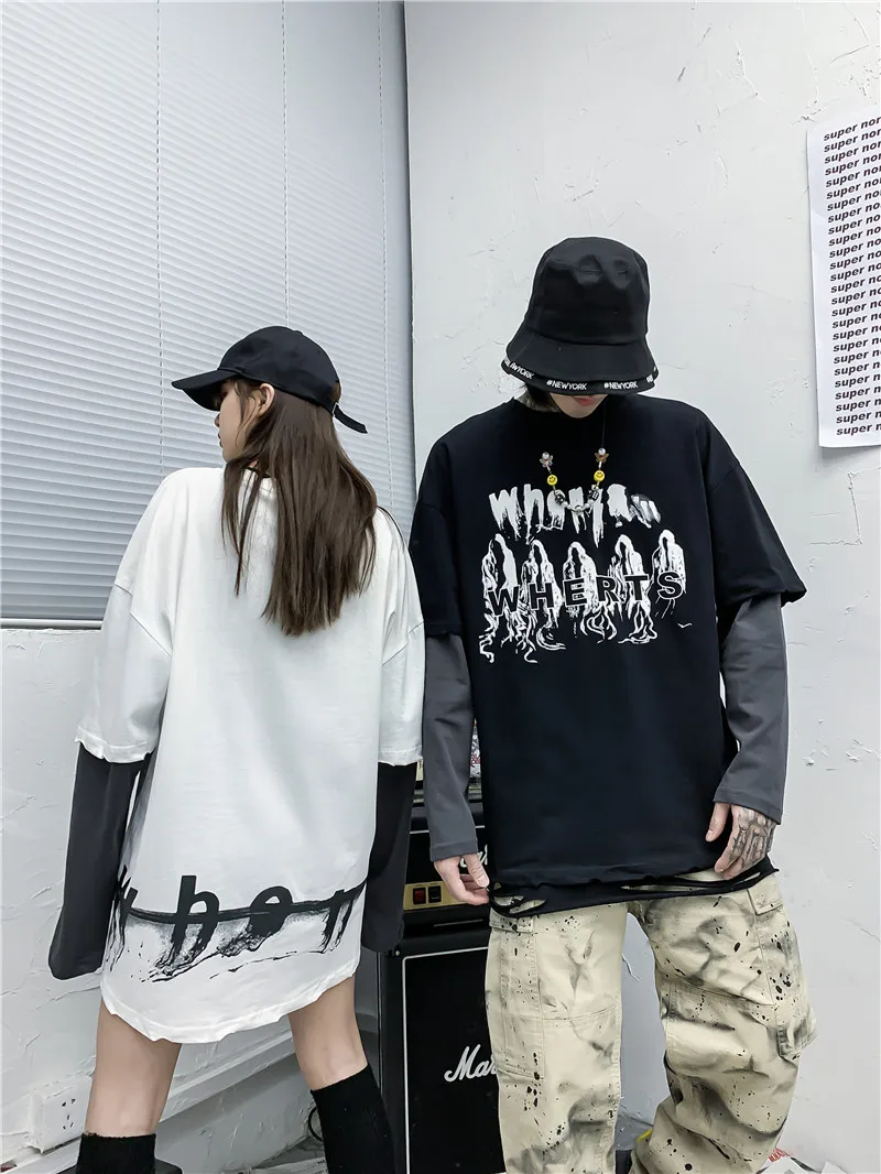 Мужская футболка в стиле хип-хоп Лоскутная с длинным рукавом круглым вырезом