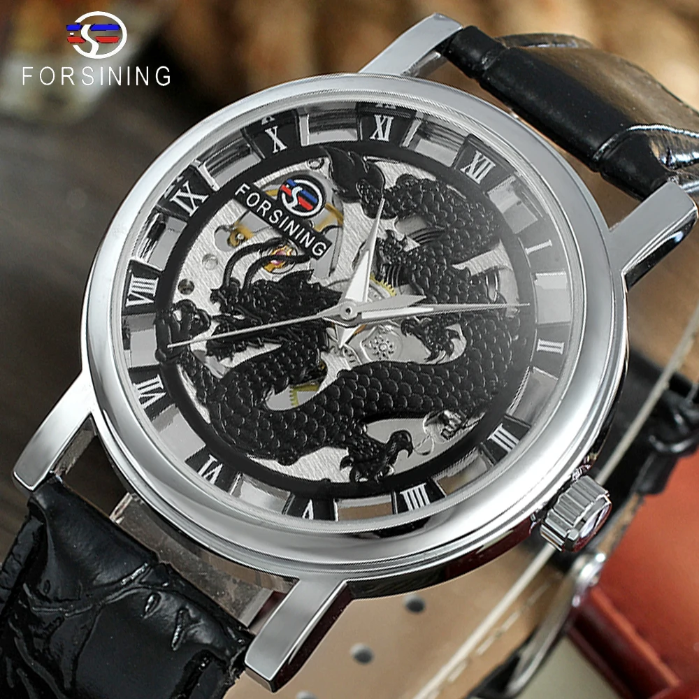 Forsining 2019 Дракон серии прозрачный серебряный Чехол Мужские наручные часы от топ