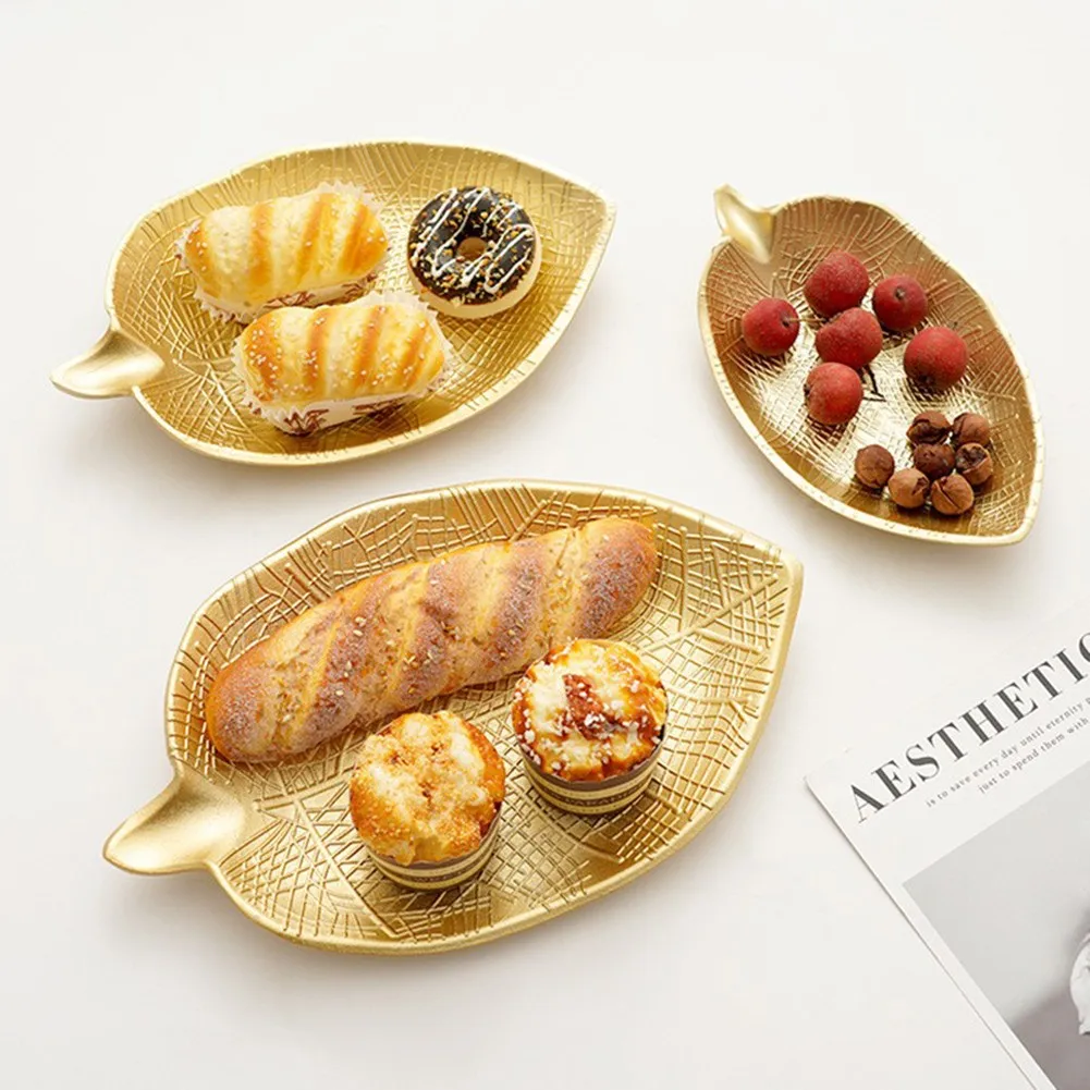 

Nordic Food Storage Tray Home Serving Plates Wood Gold Leave Storage Container Cake Bread Holder Fruit Organizer Tray