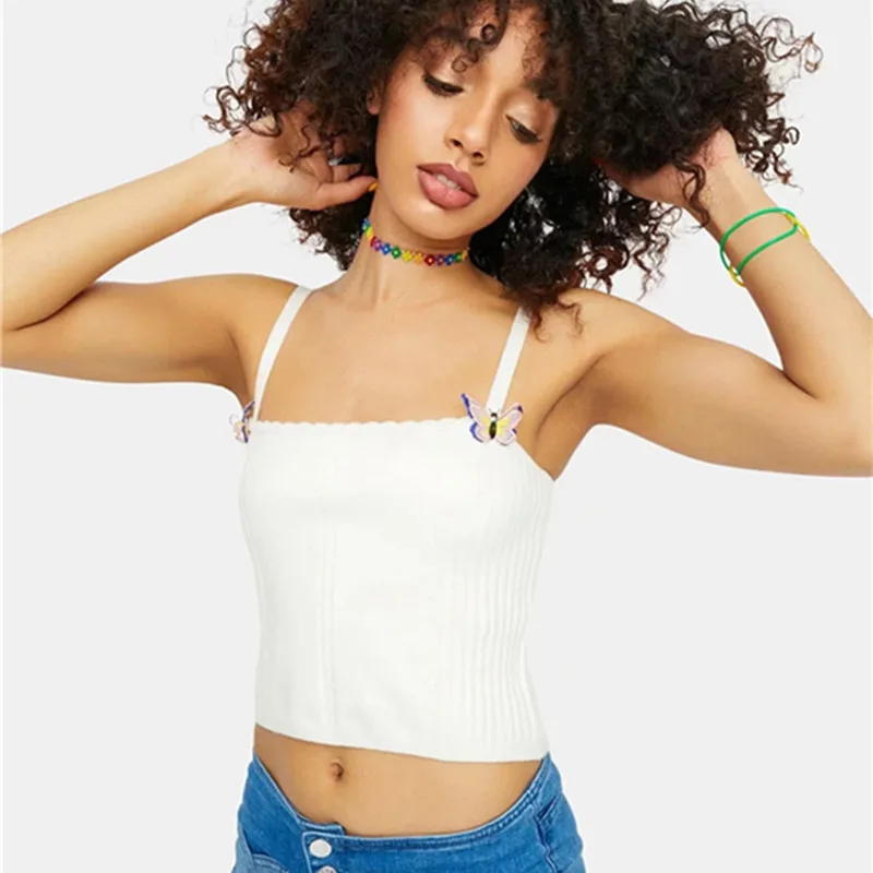 

Майка женская эластичная на бретелях-бабочках, пикантный базовый укороченный топ, Повседневная модная майка, черный цвет, на лето