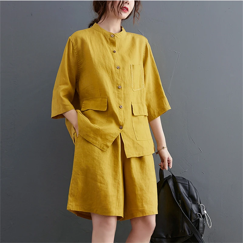 

2021 Summer Fashion New Cotton And Linen Round Neck Five-Point Sleeve Top + Elastic Waist Shorts Female Two-Piece Trend H042