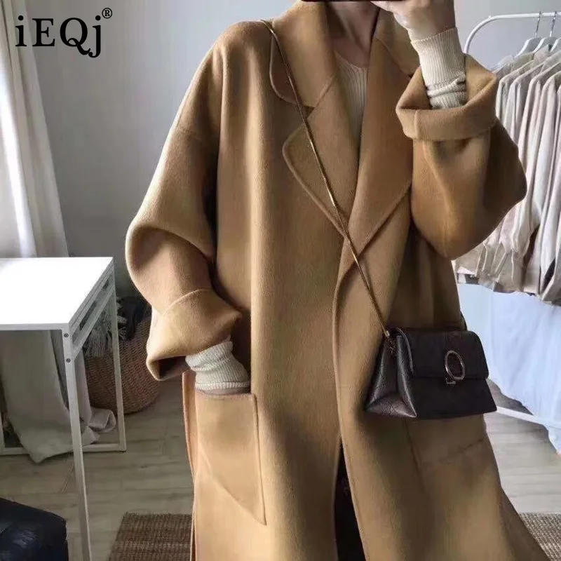 

IEQJ New Arrivals 2021 Autumn Winter New Women's England Style Slit Woolen Coat For Women Solid Color Belt Blends Fashion 3T1010