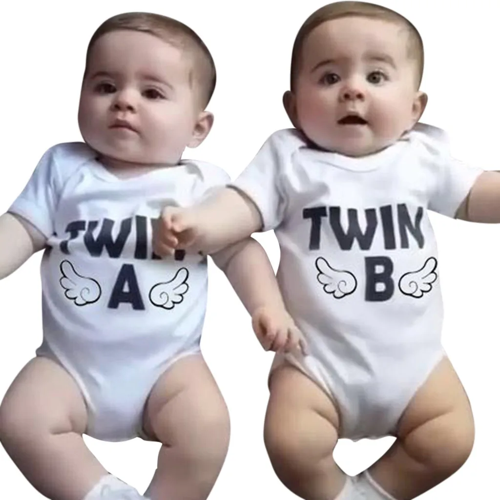 Детский комбинезон для мальчиков и девочек с коротким рукавом надписью Twins