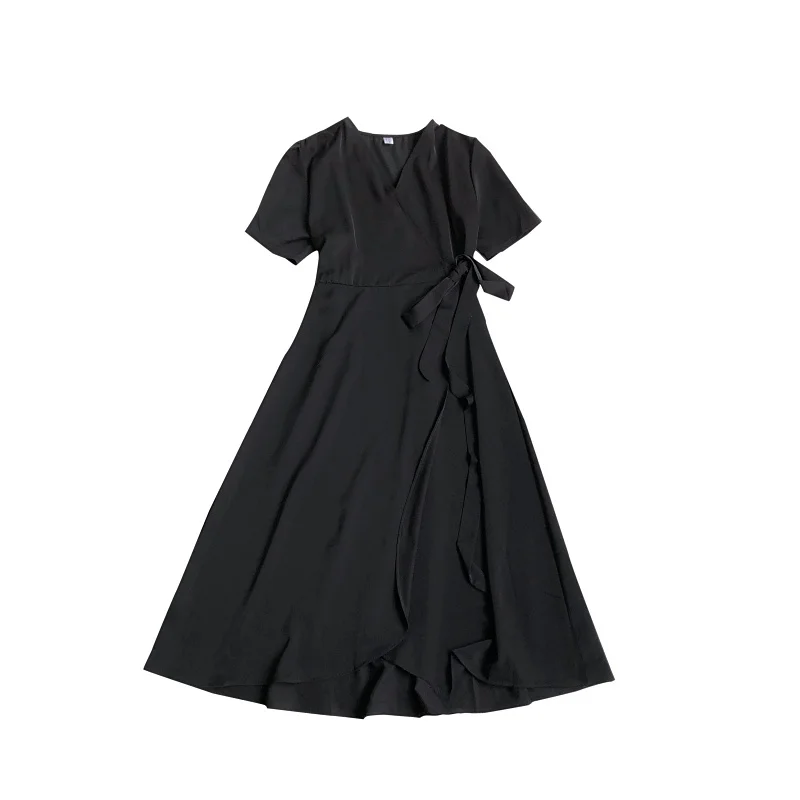 

2021 Summer Temperament Solid Color V-neck One-piece Strap Short-sleeved Mid-length Large Dress Female