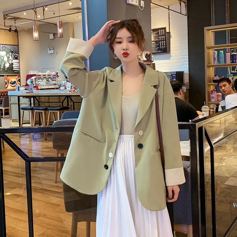 Желтый Зеленый Длинный блейзер женский длинный 2019 Модный рукав куртка с v