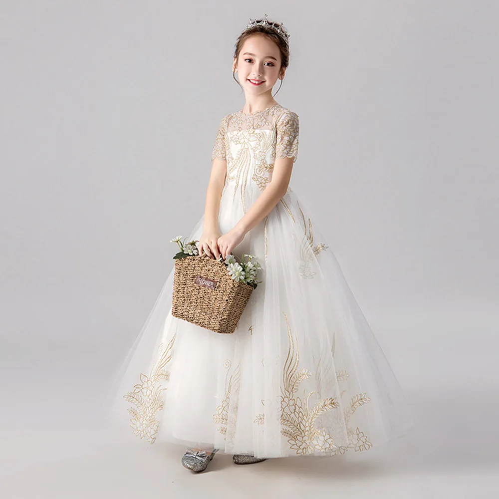 Платье с коротким рукавом для девочки кружевной аппликацией | Свадьбы и