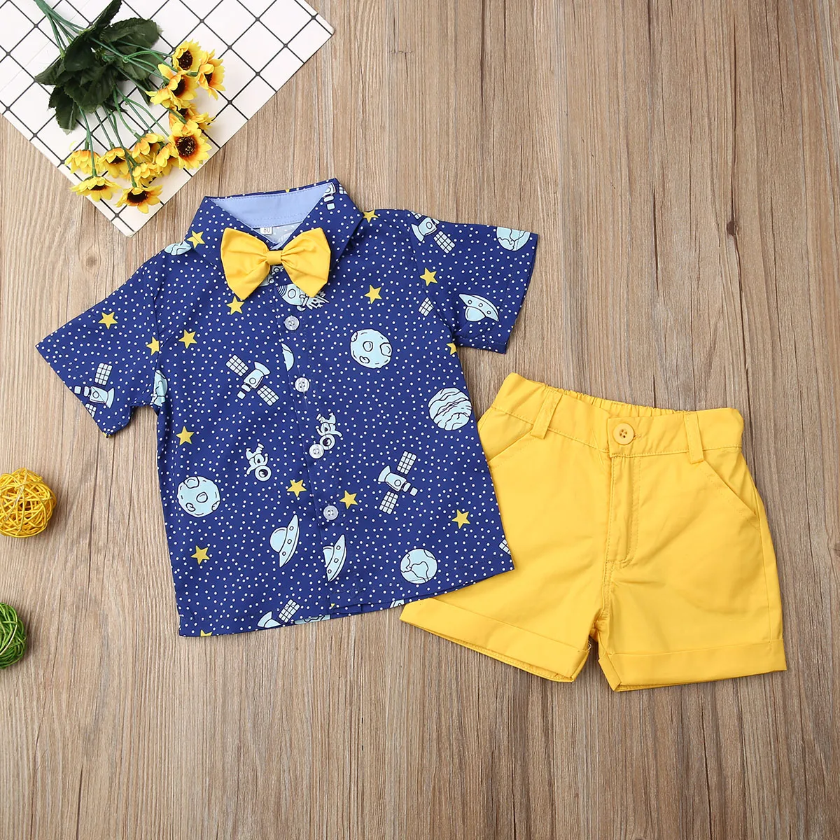 2Pcs Outfits Baby Boys Gentleman Clothes Cartoon Printed Shirt Tops Toddler Kids Short Pants Summer Beach Infant Suits |