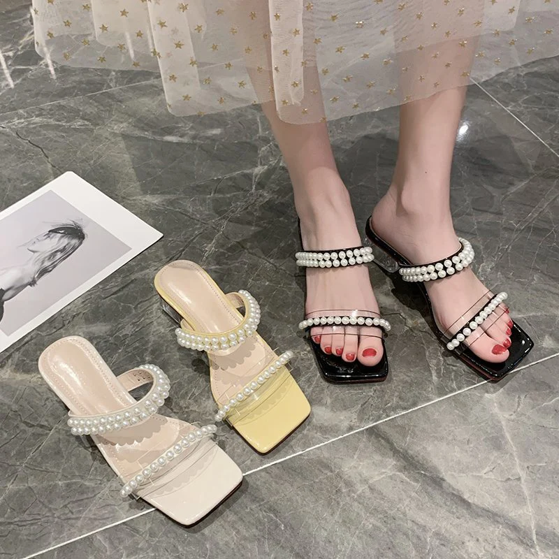 

High-Heeled Shoes Lady Transparent Slippers Med Luxury Slides Slipers Women Square heel String Bead Designer 2021 Block PU Rubbe