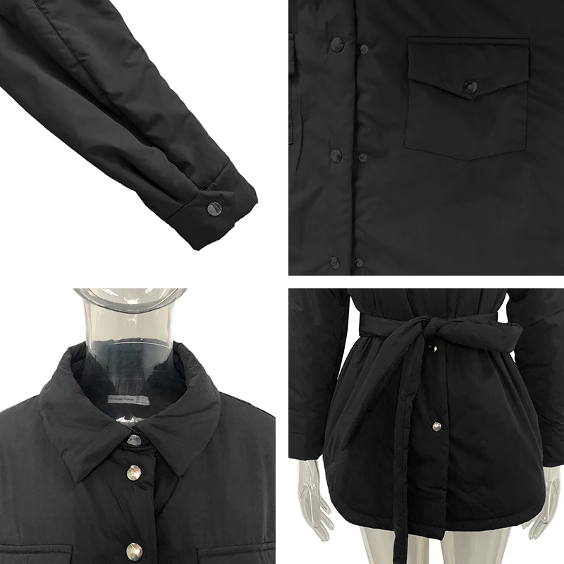 

Fandy Lokar Front Pockets Parkas Women Fashion Tie Belt Coats Women Elegant Solid Turn Down Collar Cotton Jackets Female Ladies