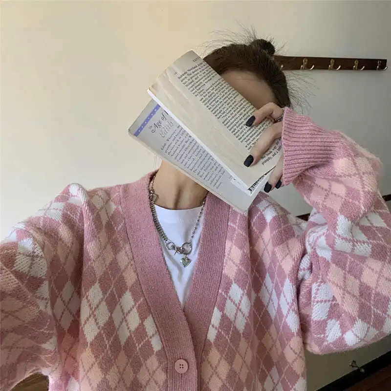 

Pink sweater women's spring and autumn wear 2021 new lazy wind loose medium length knitted cardigan coat
