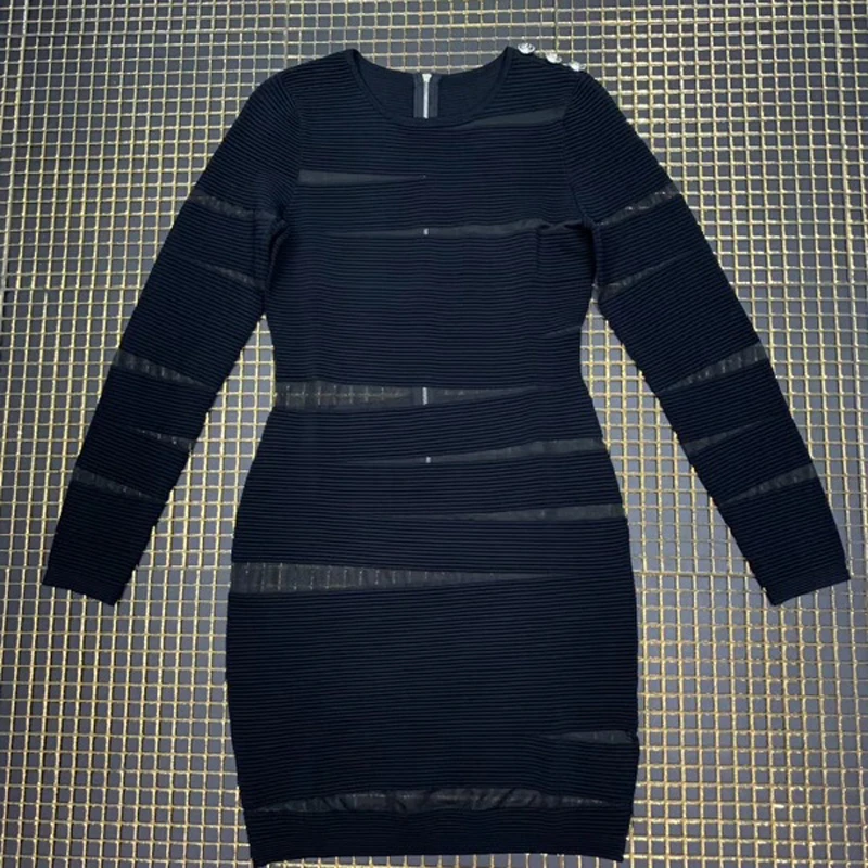 

Fashion Black Chic Button Mesh Hollow Out Design Bodycon Dress Mini Bandage Dress Women Evening Party Dress Vestidos Wholesale