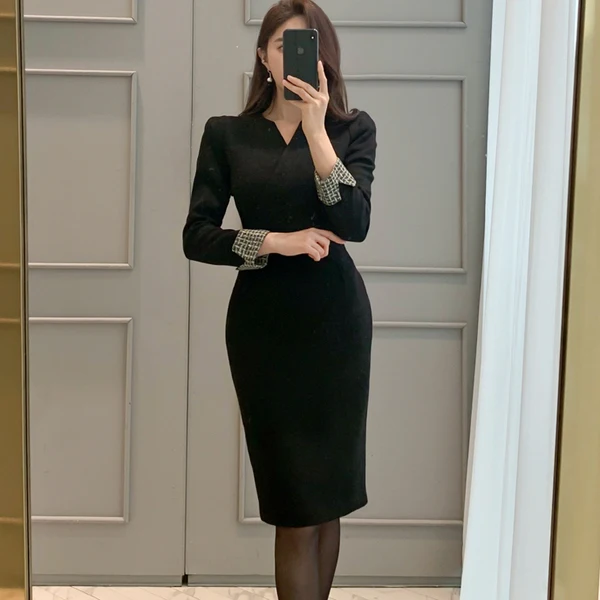 

Office Lady V-Neck Cross Long Sleeve Black Pencil Dress Women 2020 Spring Elegant Slim Sexy Knee length Bodycon Sheath Dress