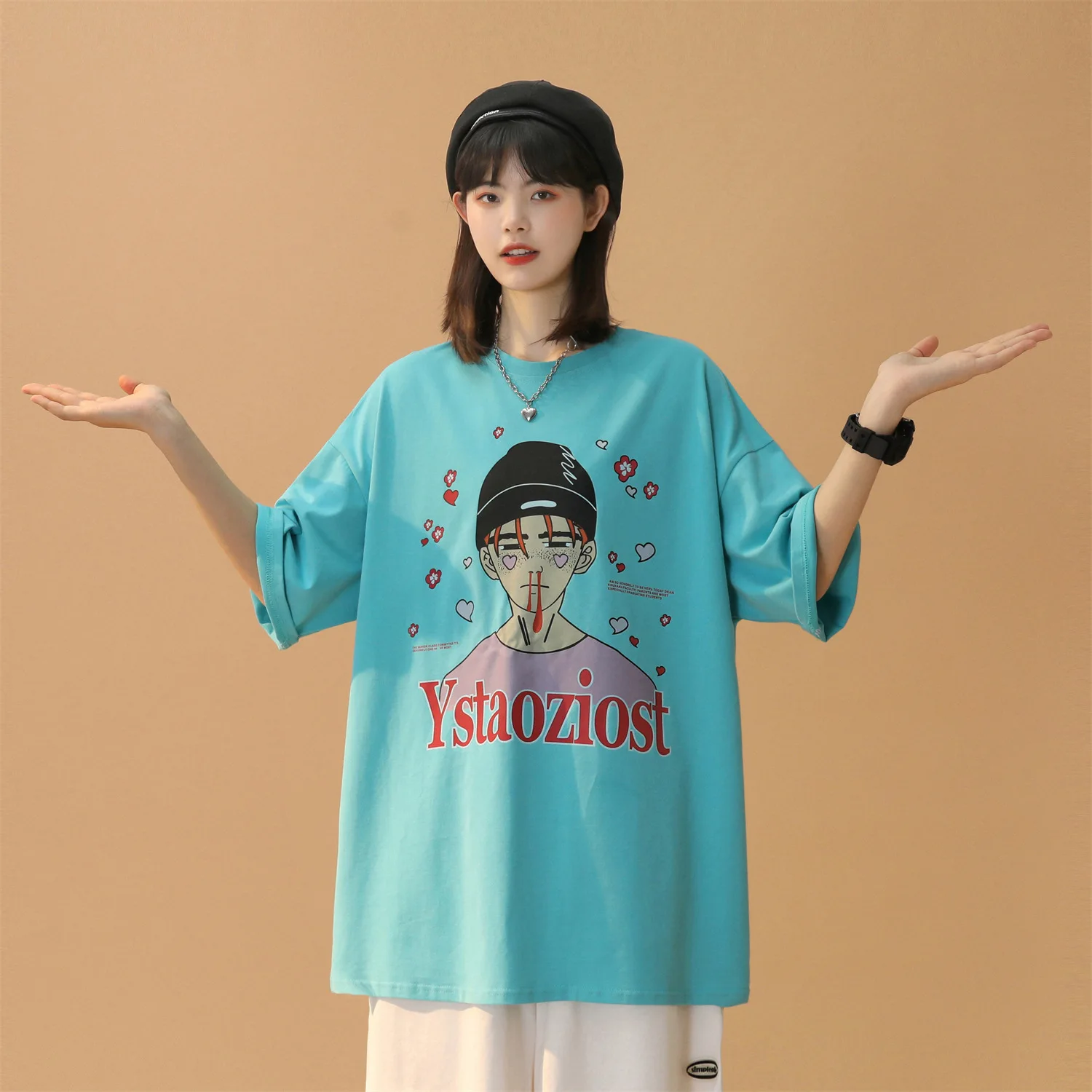 

White pure cotton couple short-sleeved T-shirt female Hong Kong style 2021 new half-sleeved top Cartoons printing T-shirt female