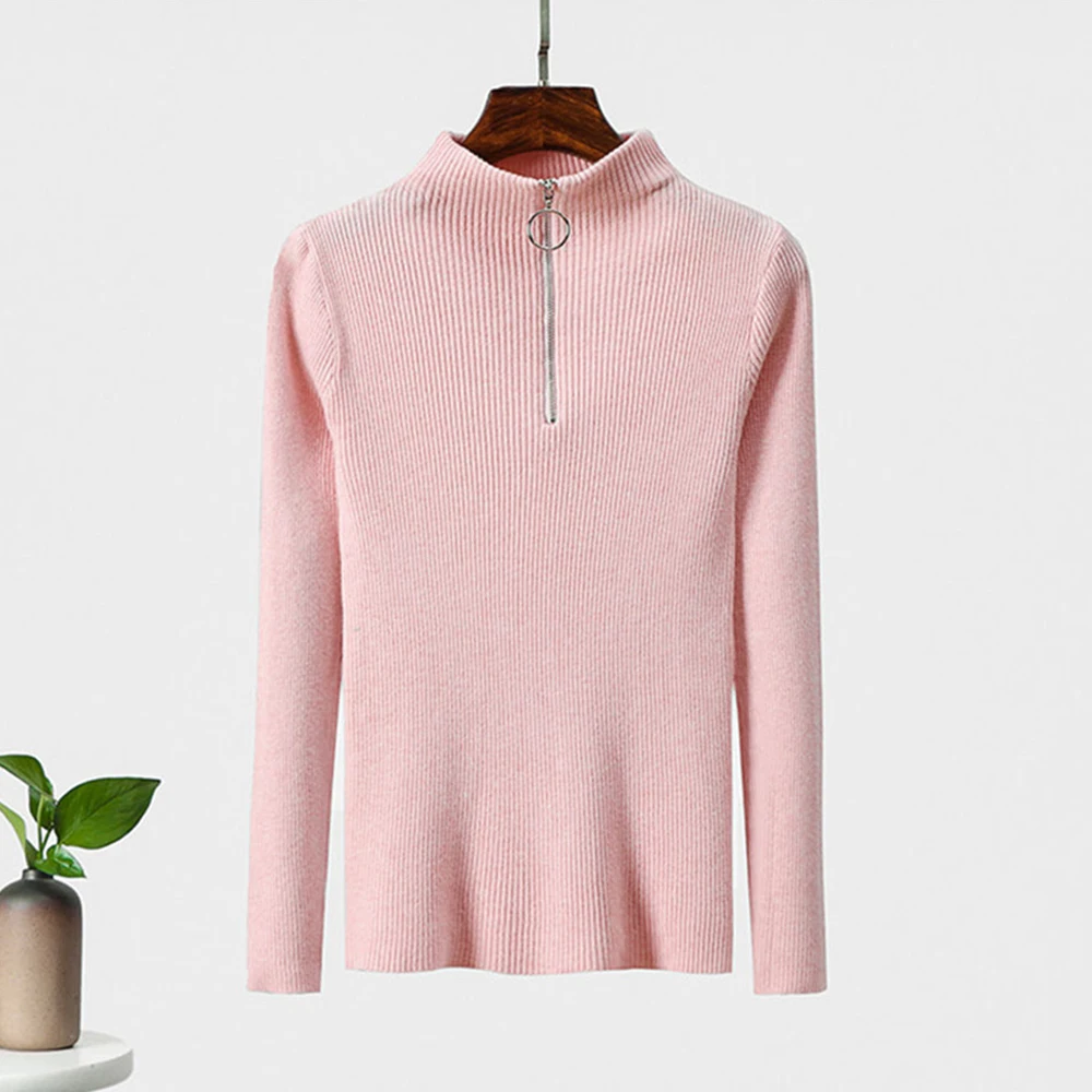 Cysincos Autumn Winter Sweaters Women Sexy Slim Solid Color Korean Zipper Sweater Knit Pullovers Bottom Ladies Pullover | Женская одежда