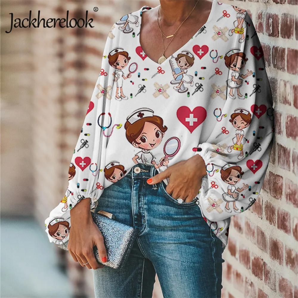 

Jackherelook мультфильм Медсестра Медицинский принт Весенняя Свободная рубашка с длинным рукавом дышащая Pluse Размер шифоновая блузка Blusa Feminina