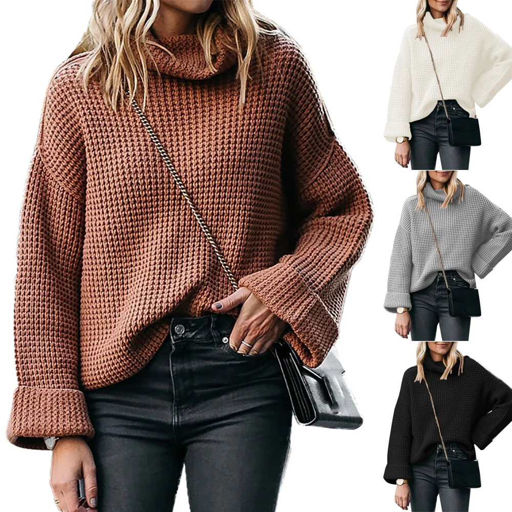 

Winter Women's Turtleneck Sweater Solid Top Casual Pullovers Women Clothing Long Sleeve Tops Loose Knitted Sweater Women
