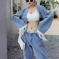 2021 womens long sleeved two piece set with fringed high waist short denim womens autumn new fashion straight jeans suit