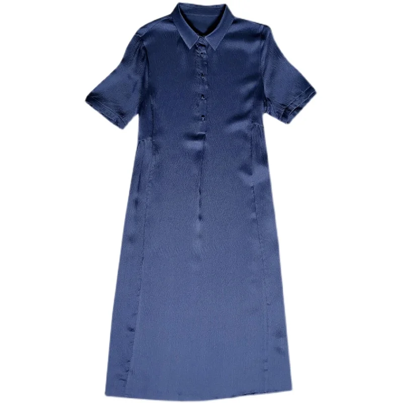 

2021 Summer Vintage L- 4XL Plus Size Solid Shirt Dress Women Casual Black Mulberry Silk Midi Dresses Elegant Party Vestidos