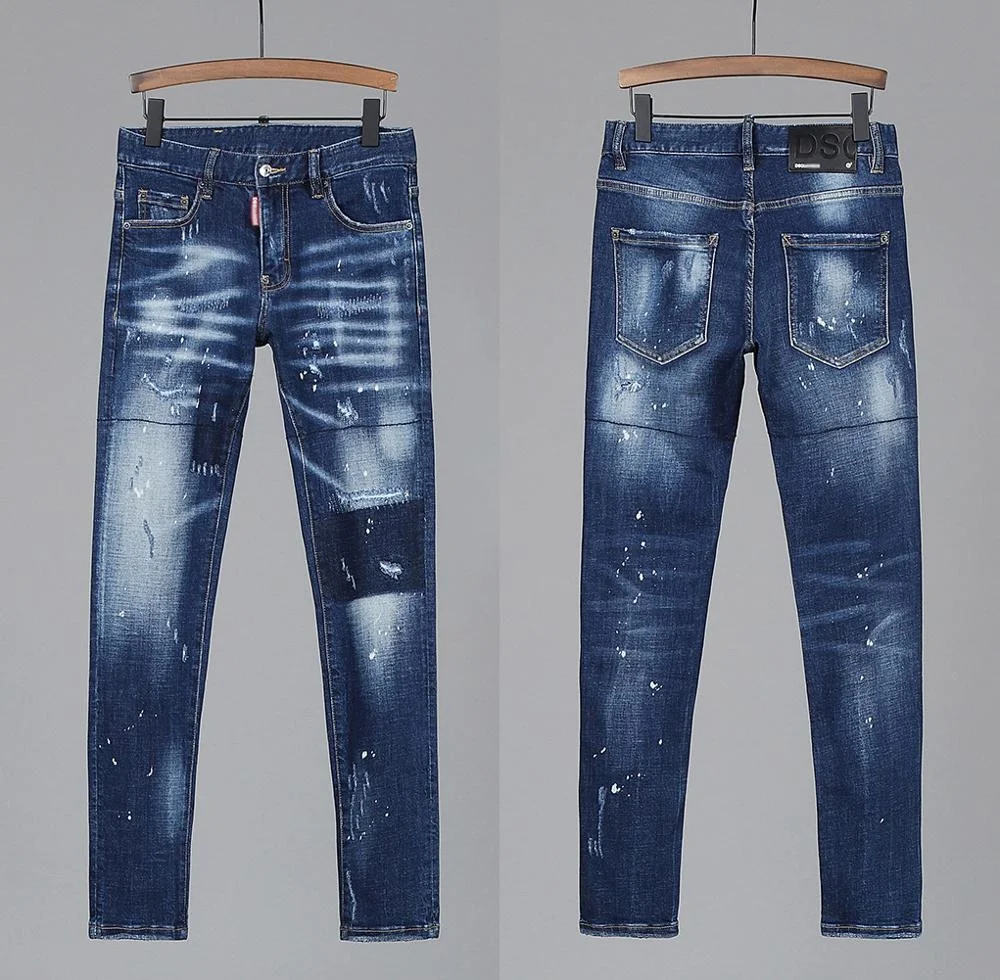 

European Style dsq brand Jeans Men Stretch Elastic Slim Denim Jeans Mens Casual Washed blue Pockets skinny Jeans for man 8223