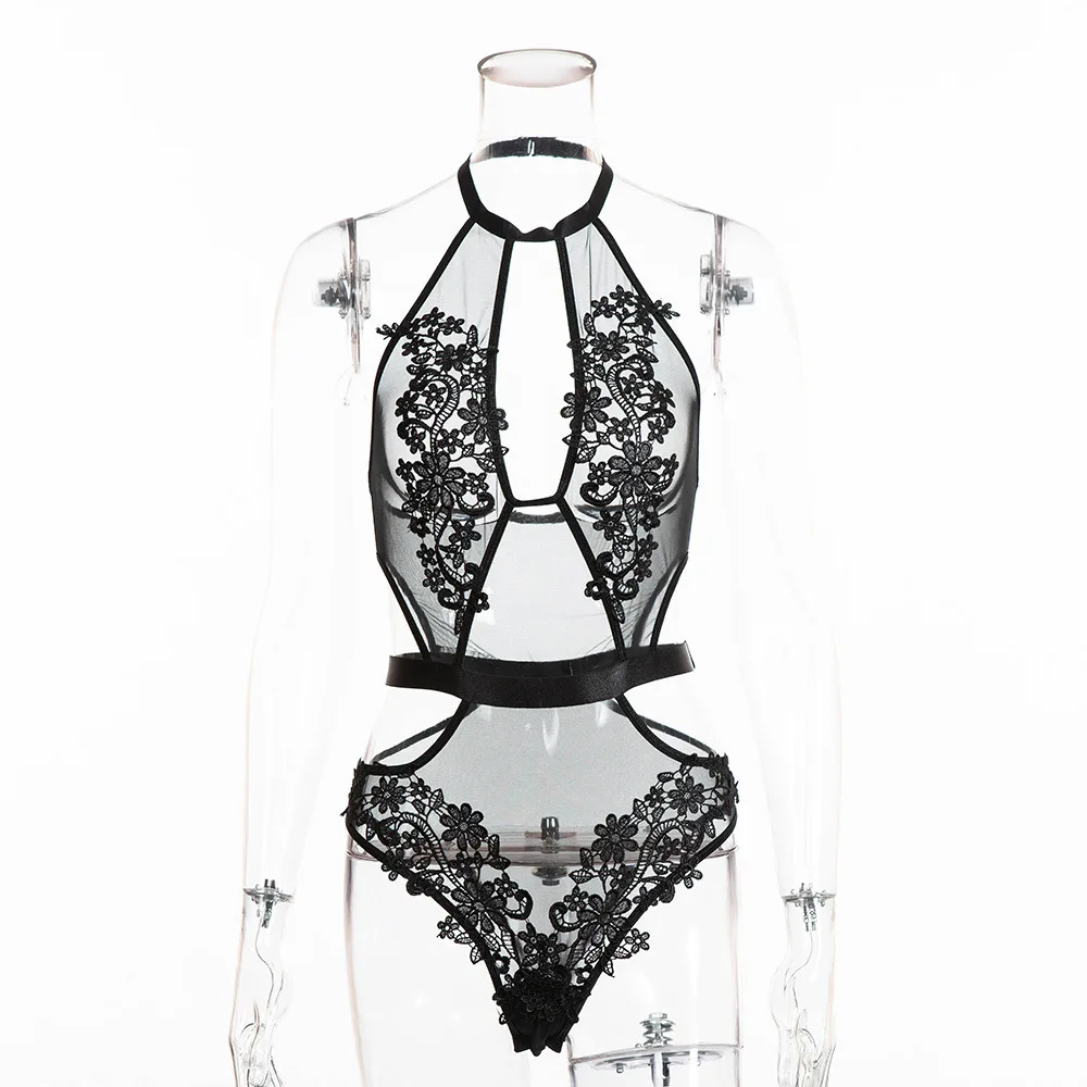 

2021 European and American women's foreign trade sexy perspective lace mesh one-piece sexy underwear