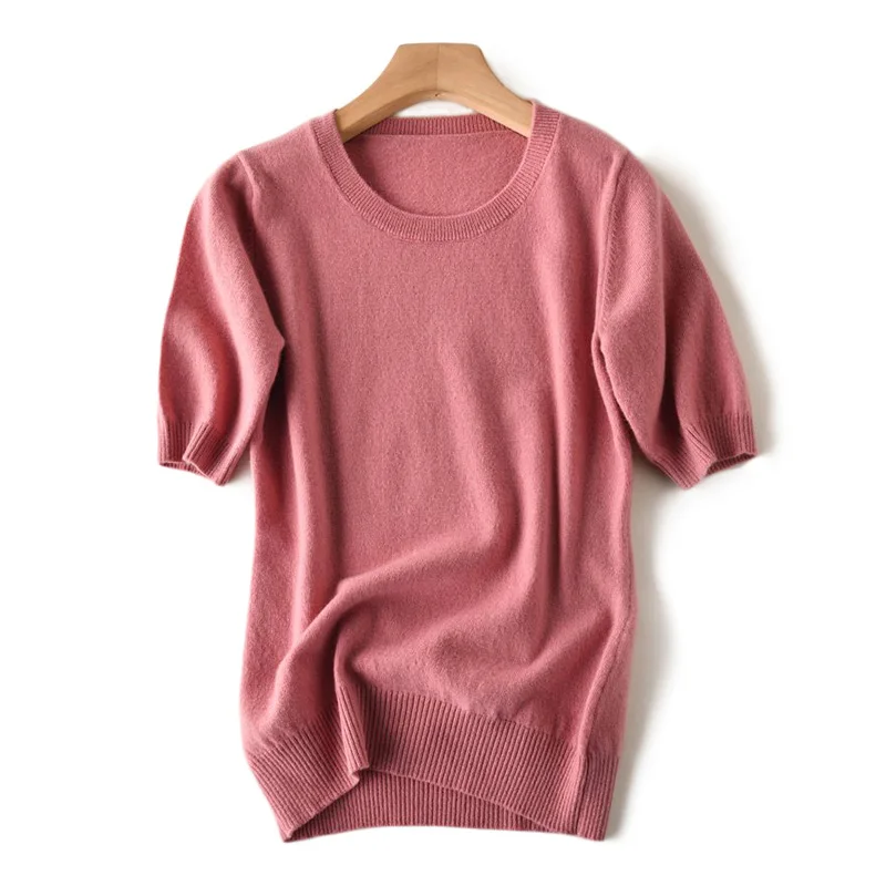 100% Pure Merino Wool Women Summer T Shirt Knitted Short Sleeve O-Neck Kintwear Basic Female T-shirt Pullover Base Tee Sweater | Женская