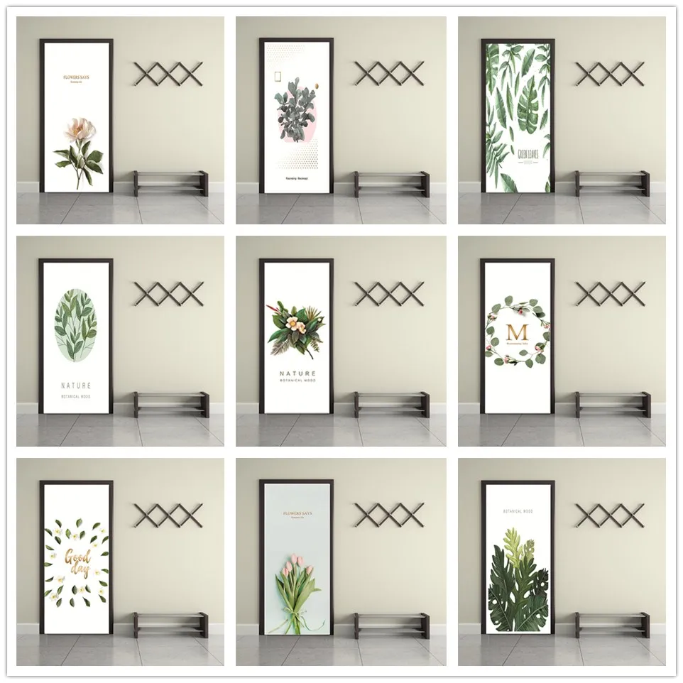 Simple And Fresh Door Sticker Self-Adhesive Waterproof Green Leaves Wallpaper For Doors Living Room Bedroom PVC Renew DIY Mural