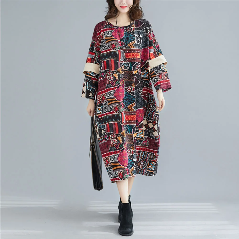 Женское платье в стиле ретро весеннее из хлопка и льна этническом с двойным