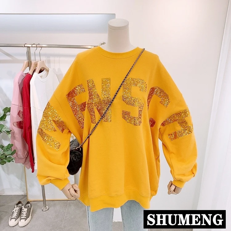 2020 Spring and Autumn New Oversized Hoodie Coat Korean Casual Sequined Letters Lazy Wind Loose Pullover Hoody Women Sweatshirt | Женская