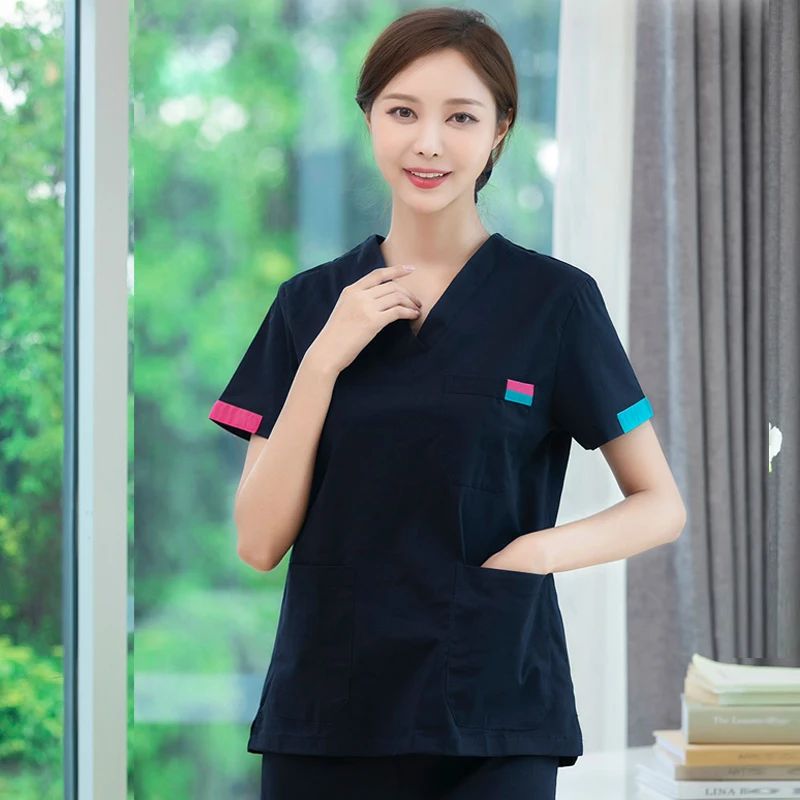 

Plug Size S-4XL Cotton Scrub V Neck Medical Service Short Sleeve Nurse Uniforms(Just A Top) Solid Color Surgical Workwear