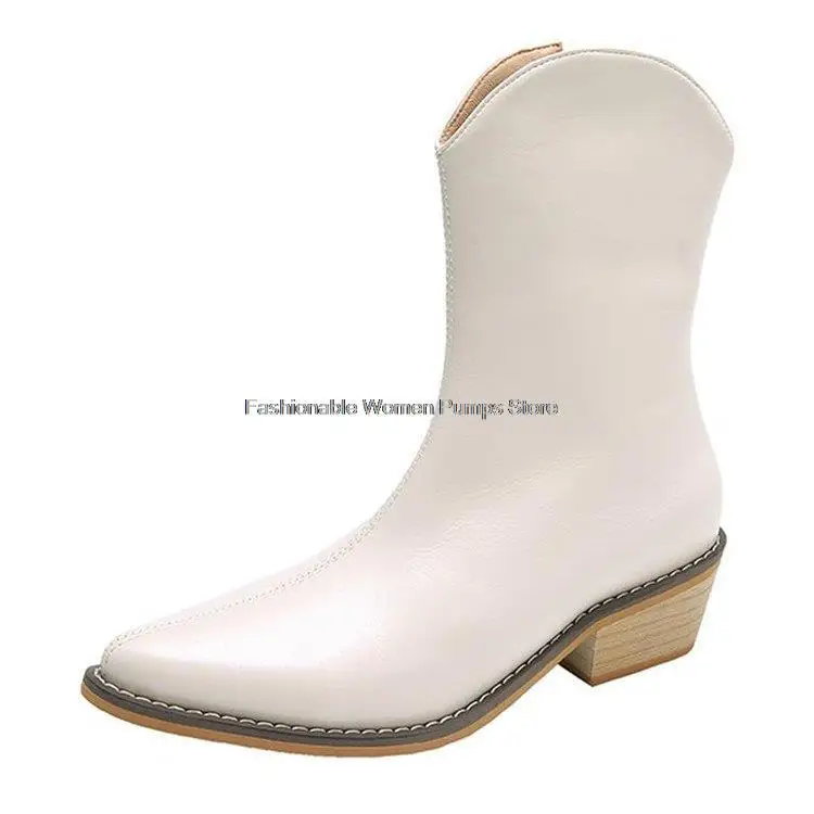 

2021 New Women Western Boots Autumn Pointed Toe Thick Heel Rubber Cowboy Boots Slim Ankle Short Boots Female Outdoor Casual Shoe