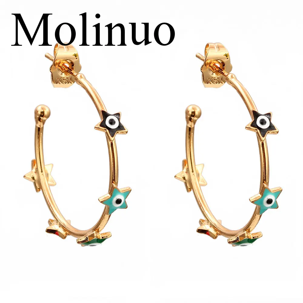 Женские серьги кольца Molinuo золотистые в форме пентаграммы со стразами богемном