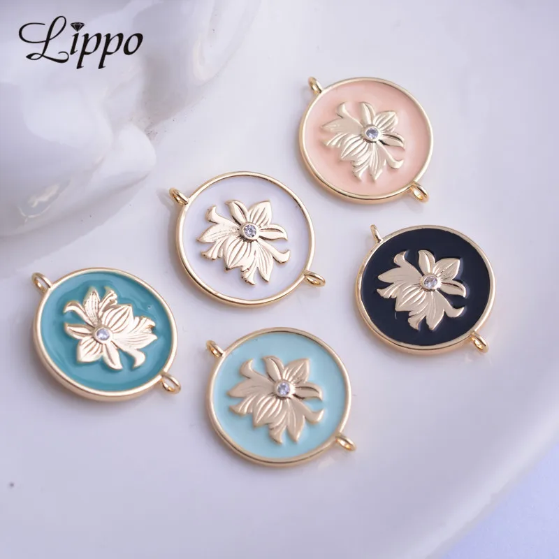 

12pcs 14*18mm High-quality Gold Color Copper Lotus Jewelry Connector Red Pink Enamelled Round Bracelet Earring Connectors Charms
