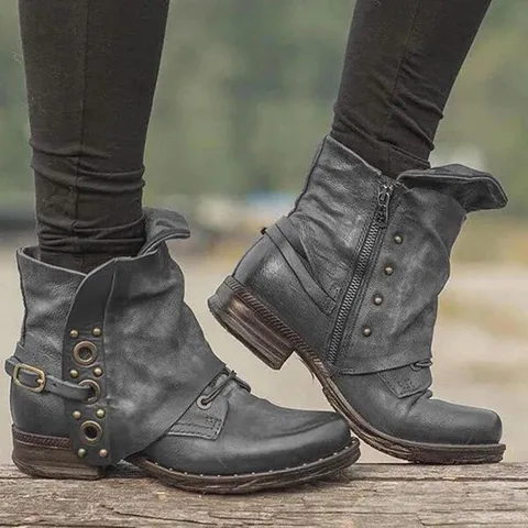 Женские ботильоны на молнии в стиле ретро, ботинки из искусственной кожи с квадратным носком, большие размеры, Осень-зима 2020