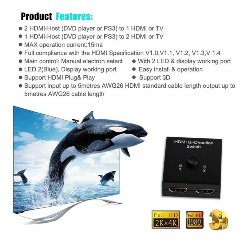 4K HDMI коммутатор 2 порта двунаправленный 1x2/2x1 HDMI разделитель, сплиттер Sup порты Ultra HD 4K 1080P 3D HDR HDCP для PS4 Xbox HDTV