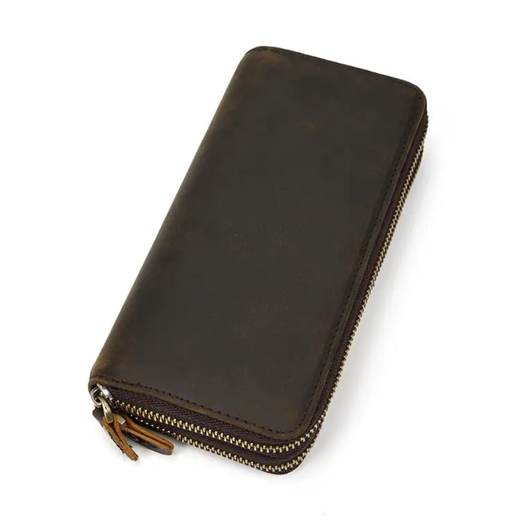 Double Zipper Brown Мэхью Ретро Для Мужчин's Crazy Horse длинный бумажник из натуральной кожи Двойные Для мужчин кошелек с держатель для карт сотовый телефон Сумочка Кошелек мужской клатч - Цвет: Double Zipper Brown