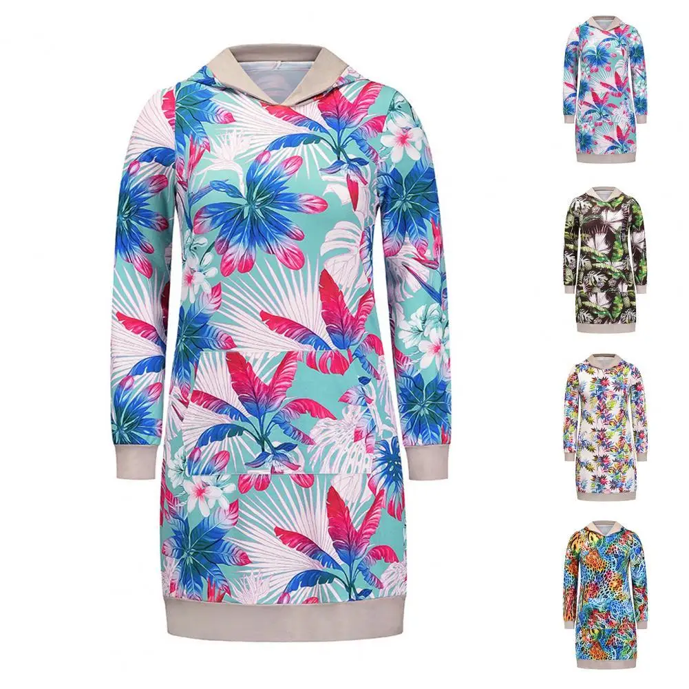 

Autumn and Winter Women Hooded Dress Flower Print Large Pocket Autumn Winter Loose Long Sleeve High Waist Dress Streetwear
